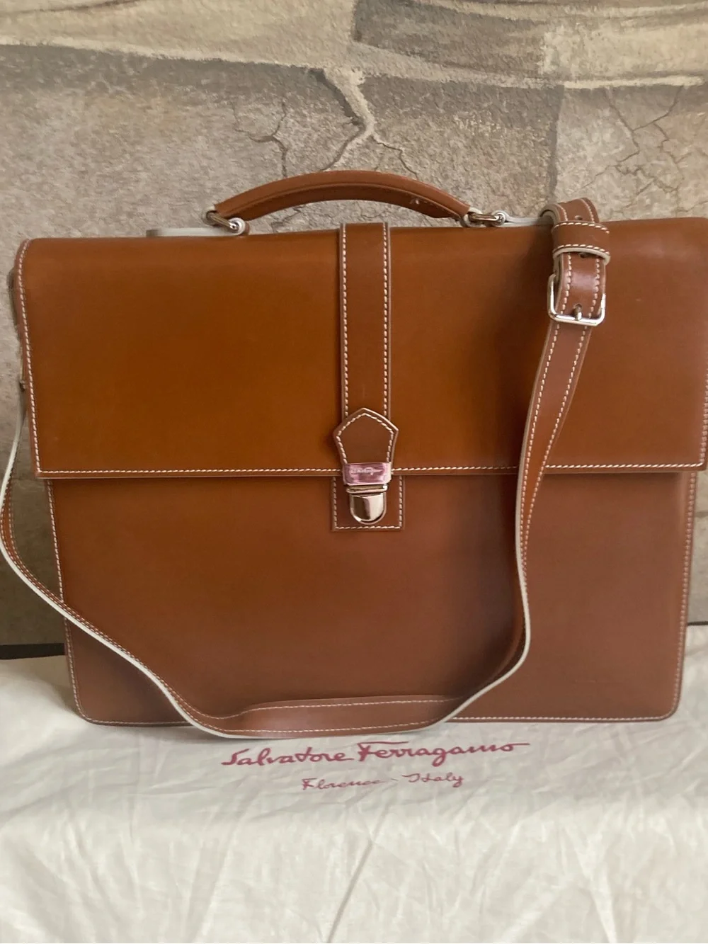 Salvatore Ferragamo Men's Leather Briefcase in Cognac Brown with White Stitching